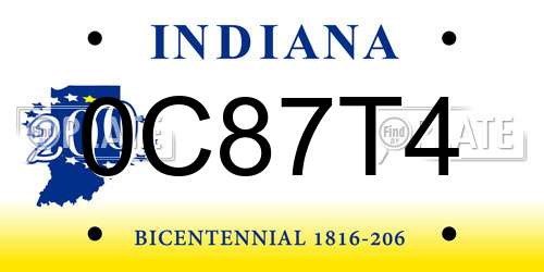 0C87T4 Indiana License Plate