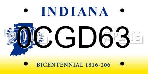 0CGD63 Indiana License Plate