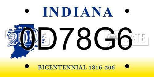 0D78G6 Indiana License Plate