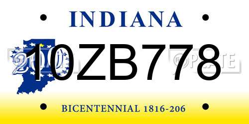 10ZB778 Indiana License Plate