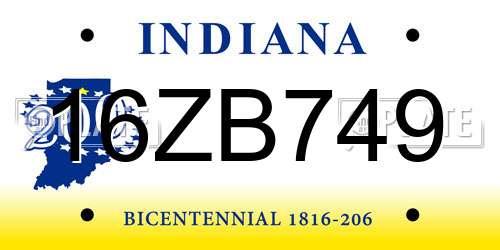 16ZB749 Indiana License Plate