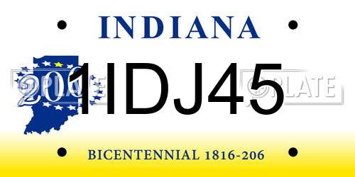 1IDJ45 Indiana License Plate