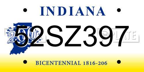52SZ397 Indiana License Plate