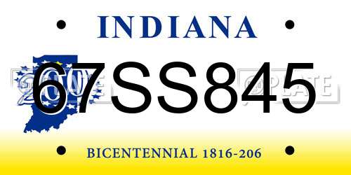 67SS845 Indiana License Plate