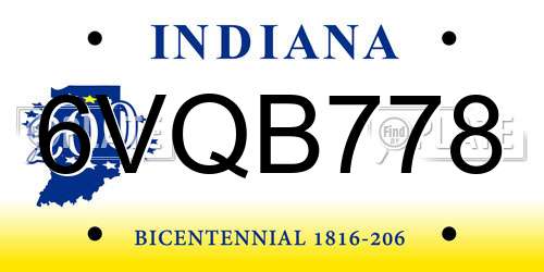 6VQB778 Indiana License Plate