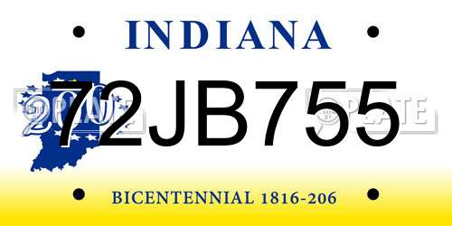 72JB755 Indiana License Plate