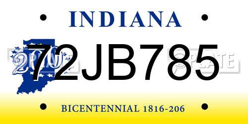 72JB785 Indiana License Plate