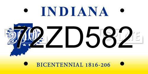 72ZD582 Indiana License Plate