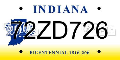 72ZD726 Indiana License Plate