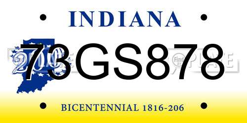 73GS878 Indiana License Plate
