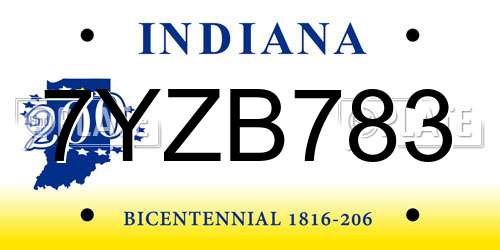 7YZB783 Indiana License Plate
