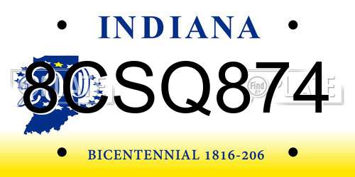 8CSQ874 Indiana License Plate