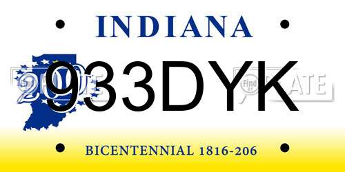 933DYK Indiana License Plate