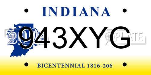 943XYG Indiana License Plate