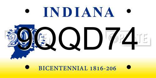 9QQD74 Indiana License Plate