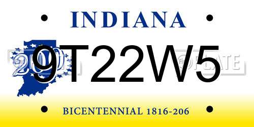 9T22W5 Indiana License Plate
