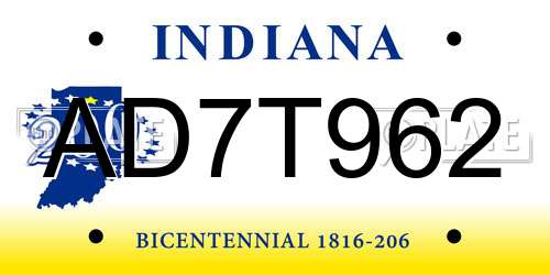 AD7T962 Indiana License Plate