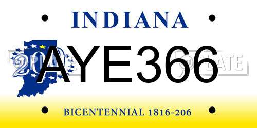 AYE366 Indiana License Plate