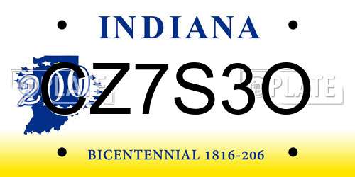 CZ7S3O Indiana License Plate