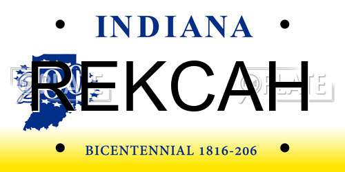 REKCAH Indiana License Plate