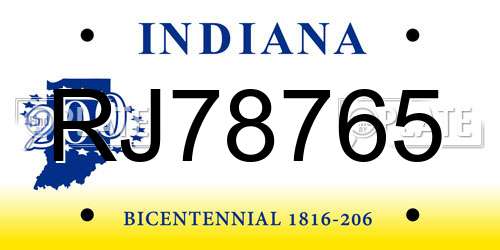 RJ78765 Indiana License Plate