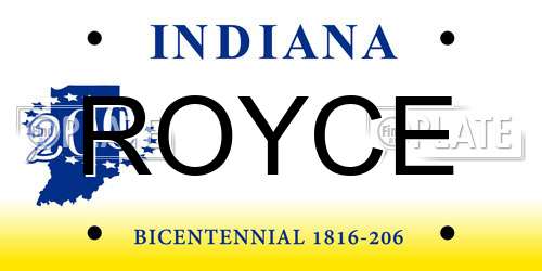 ROYCE Indiana License Plate