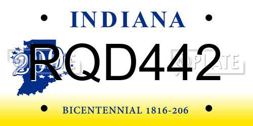 RQD442 Indiana License Plate