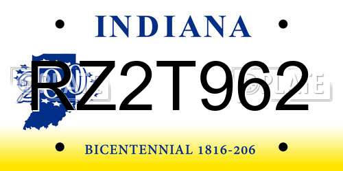 RZ2T962 Indiana License Plate