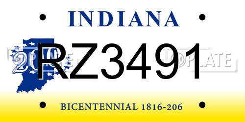 RZ3491 Indiana License Plate