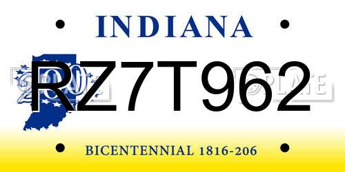 RZ7T962 Indiana License Plate