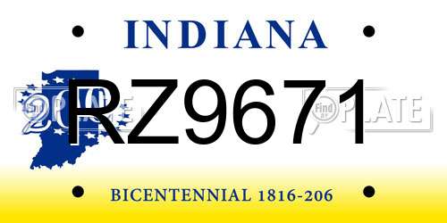 RZ9671 Indiana License Plate