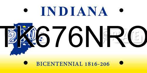 TK676NRO Indiana License Plate
