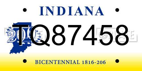 TQ87458 Indiana License Plate