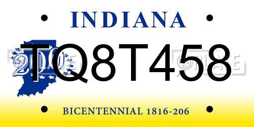 TQ8T458 Indiana License Plate