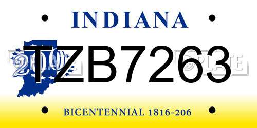 TZB7263 Indiana License Plate