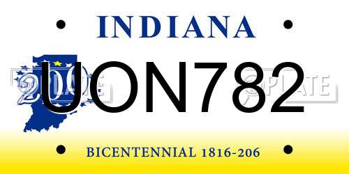 UON782 Indiana License Plate