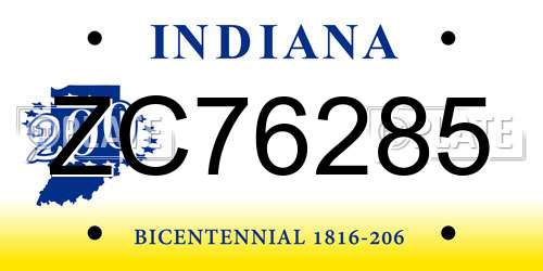 ZC76285 Indiana License Plate