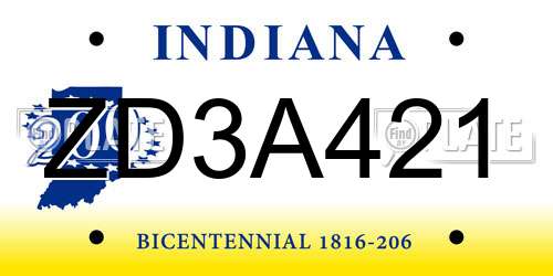 ZD3A421 Indiana License Plate