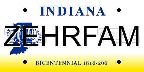 ZEHRFAM Indiana License Plate