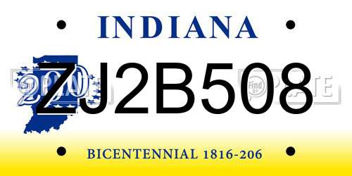 ZJ2B508 Indiana License Plate