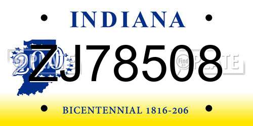 ZJ78508 Indiana License Plate