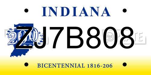 ZJ7B808 Indiana License Plate