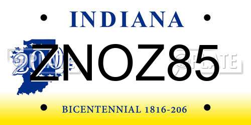 ZNOZ85 Indiana License Plate
