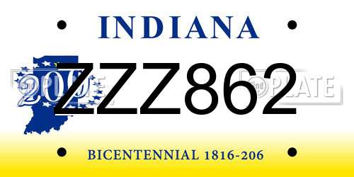 ZZZ862 Indiana License Plate