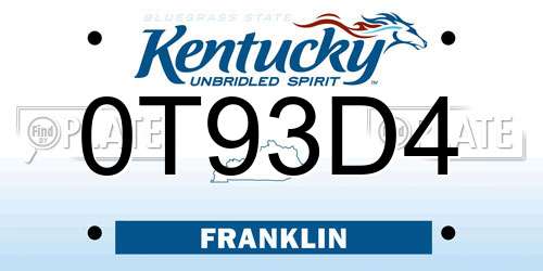 0T93D4 Kentucky License Plate