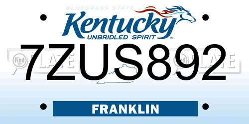 7ZUS892 Kentucky License Plate