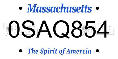 0SAQ854 Massachusetts License Plate