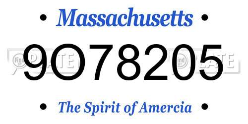 9O78205 Massachusetts License Plate