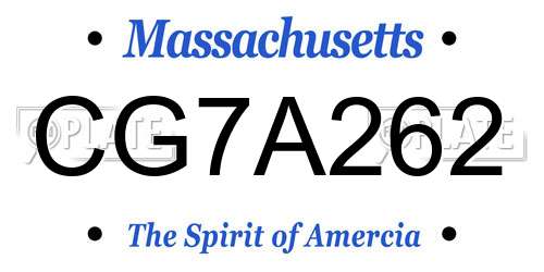 CG7A262 Massachusetts License Plate