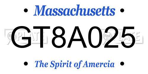 GT8A025 Massachusetts License Plate